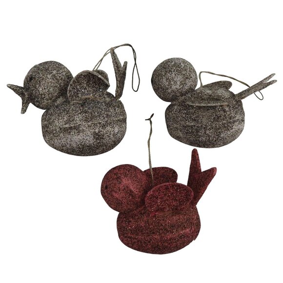 Set of 3 Bird Candy Container Ornaments Gray Pink Mica Glitter 2 MISSING BEAKS - Picture 1 of 7